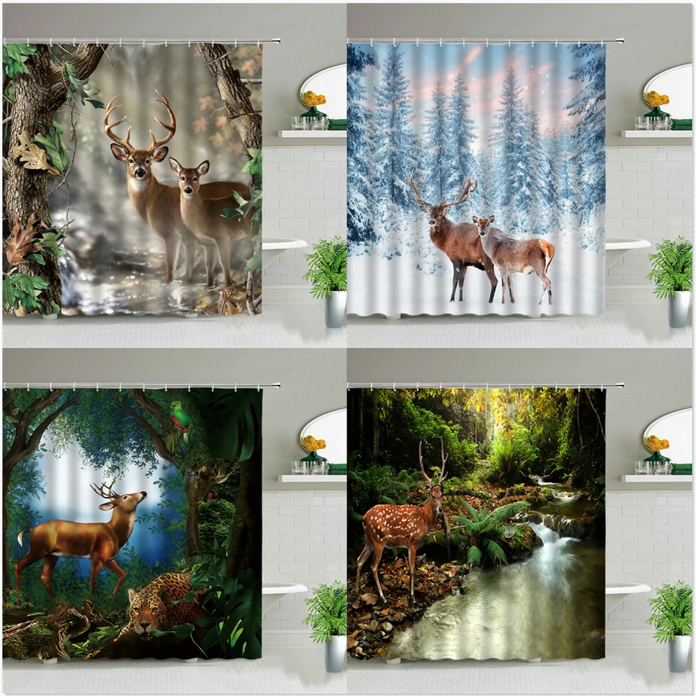 

Elk Deer Animal Shower Curtain Set Forest Tree Plant Scenery Bathroom Waterproof Fabric Bathtub Decor Hanging Curtains With Hook