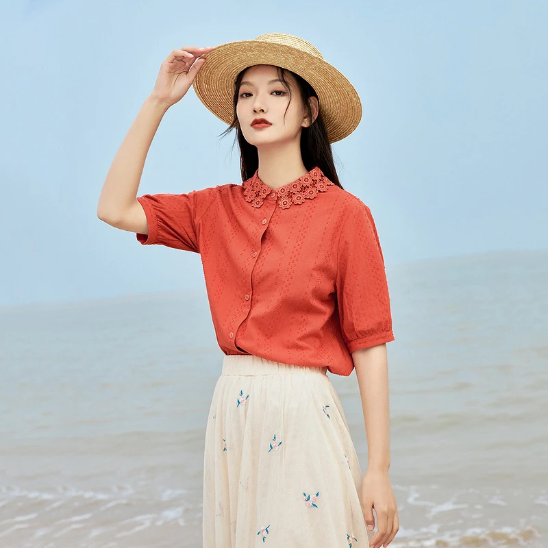 INMAN Dobby Blouse Elegant Lady Chic Style Flower Shape Hole Out Cut Off Turn Down Collar Lantern Sleeve Women Summer Tops Shirt