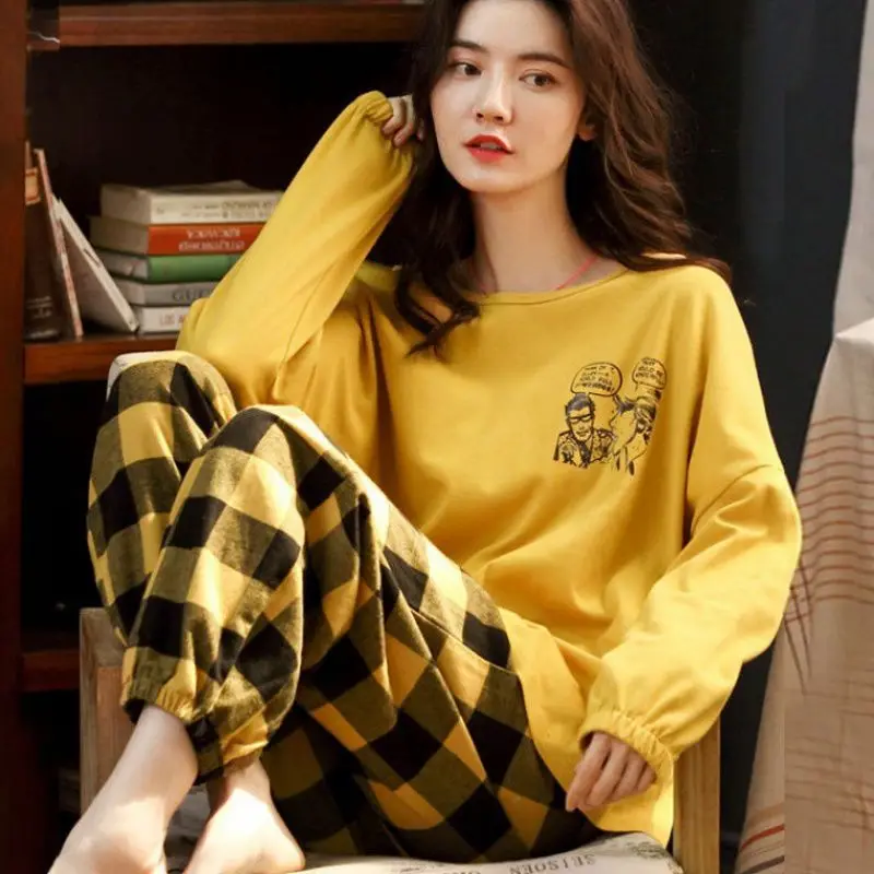 Ladies Pajamas Spring Autumn Round Neck Long-sleeved Sleepwear Suit Casual and Comfortable Home Wear Can Wear Pajamas Set Women
