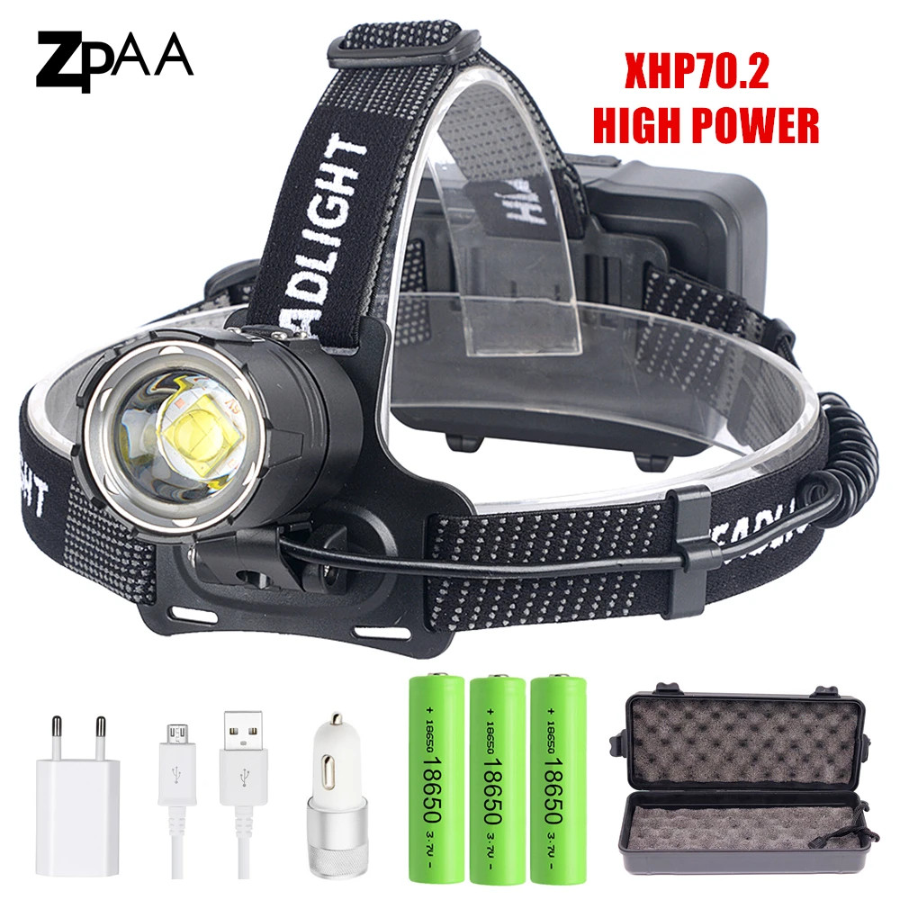 XHP70.2 XHP70 USB фара 90000LM светодиодный налобный фонарь светодиодный Перезаряжаемые Головной фонарь фонарик Фонари 3*18650 аккумулятор Power Bank