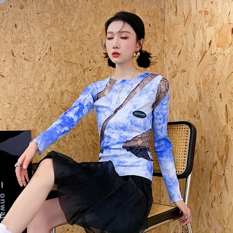 

XIZIHUPAN Minimalist Patchwork Mesh T Shirt For Women O Neck Long Sleeve Tie Dye Slim T Shirts Females Spring Fashion 2021 Style