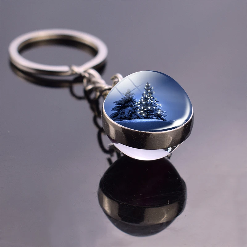 snow house keychain double sides christmas tree glass ball key chain car keyring christmas gift free global shipping
