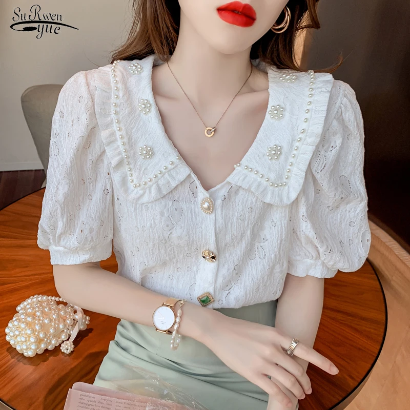 

Korean Beading Peter Pan Collar Vintage Short Puff Sleeve Summer Blouses Women Tops Loose Kawaii Shirt Retro Blusas Mujer 15132