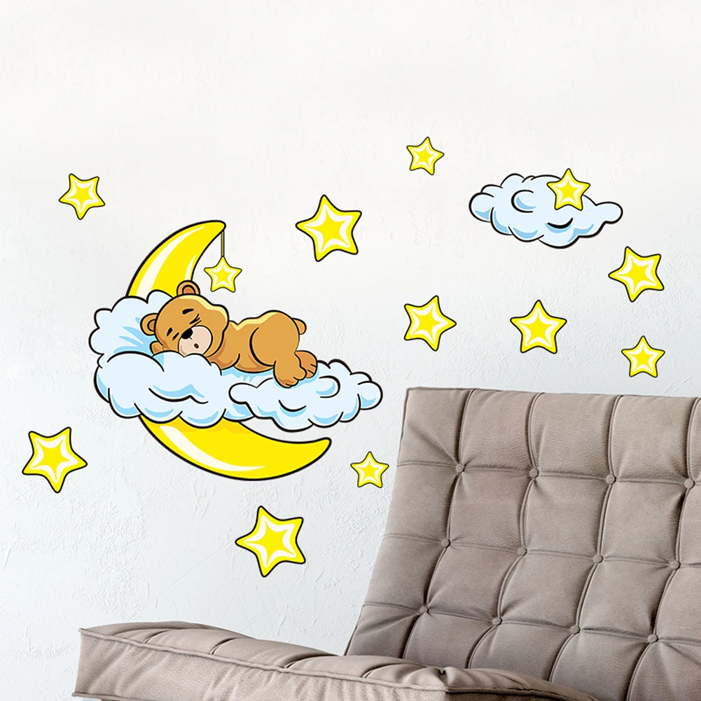 Милый медведь облака звезды наклейка на стену луна DIY детская комната