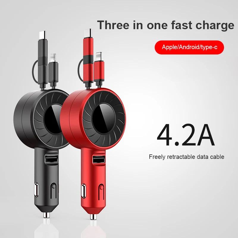 Retractable 4.2A Car Charger USB Type-C Cable Fast Charging For Apple Android Mobile Phone Quick Charge Huawei Xiaomi | Мобильные