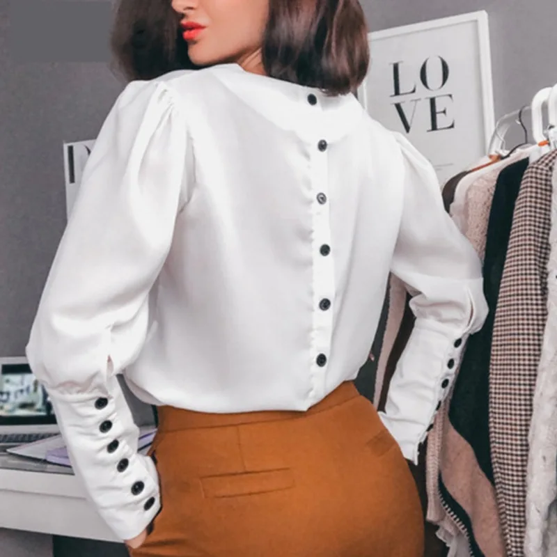 

New V Neck Women Blouse Puff Sleeve Back Lantern Sleeve Button White Blouse Autumn Winter Lady Female Office Chiffon Blouse Top