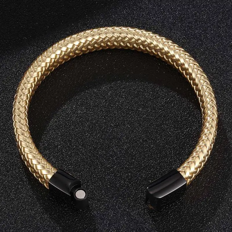 Модный плетеный браслет для мужчин золотистый кожаный из нержавеющей стали с