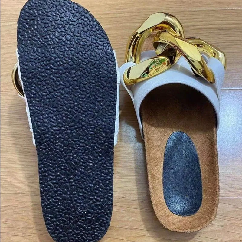 

2021 Summer Open Toe Slippers New Suede Leather Rubber Sandals for Women Garden Flat Slides Chain Designer Shoes Mules Zapatos