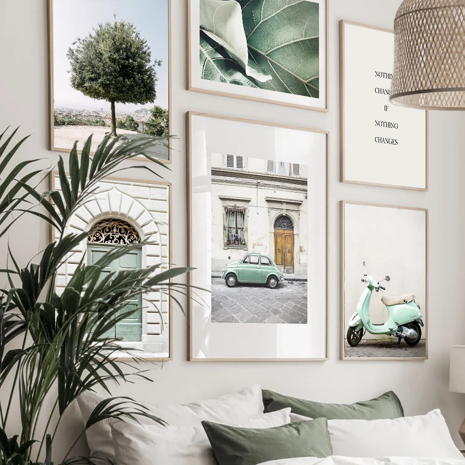 

Retro Car Vespa Classic Motorcycle Green Leaves Wall Art Canvas Nordic Posters And Prints Wall Pictures For Living Room Painting