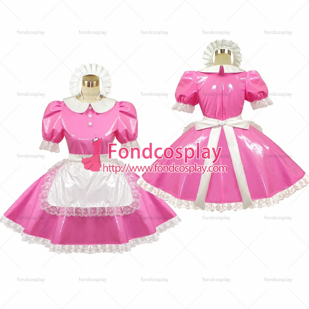 

fondcosplay adult cross dressing sissy maid pink thin Pvc Dress Pink Lockable white apron Peter Pan collar Tailor-made[G415]