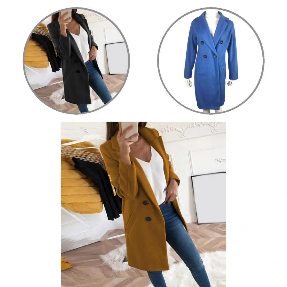 

Woolen Coat Stylish Lapel Solid Color Woolen Coat Pockets Fine Workmanship Winter Coat