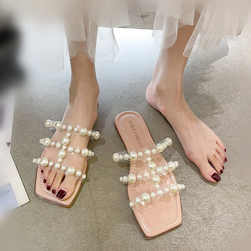 

Beach Shoes Rivet Slippers Women Summer Slides Pantofle Fashion Low Sabot Soft 2021 Luxury Flat PU Rubber Basic Shoes Women Riv