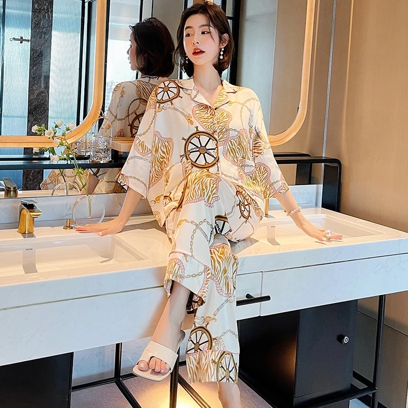 

Silk Satin Women Pajamas Set Fashion Sleepwear Printing Long Sleeve Suit Casual Two-Piece Pyjama Autumn Elastic Homewear Clothes