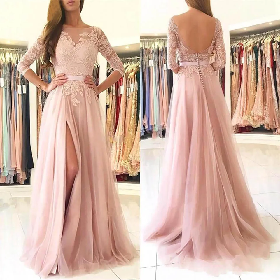 

Applique Formal Dresses Tulle Prom Party Gown Custom Evening Dress A Line Three Quarter Bateau Backless Floor-Length NONE Train
