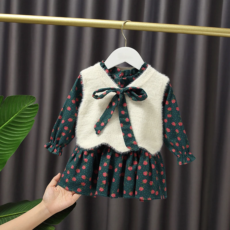 

Korean Style New Product Kids Clothes Baby Girl Set Autumn Floral Plaid Princess Dress + Vest 2-Piece Suit