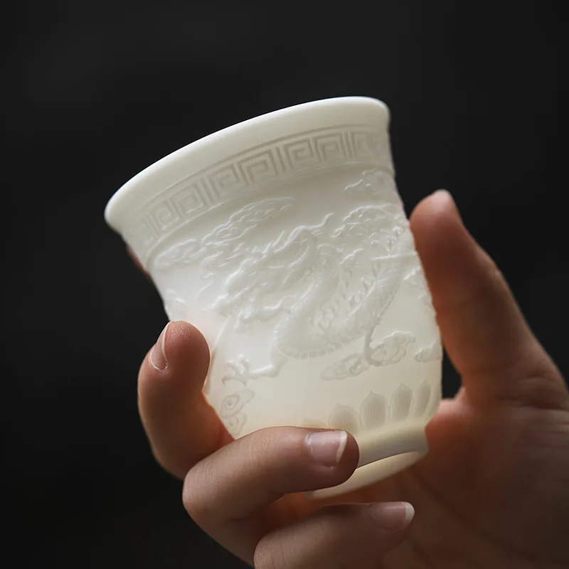

High White Ceramic Transmittancy Relief Emboss Large Size Master Tea Cup Dragon Phoenix Pattern