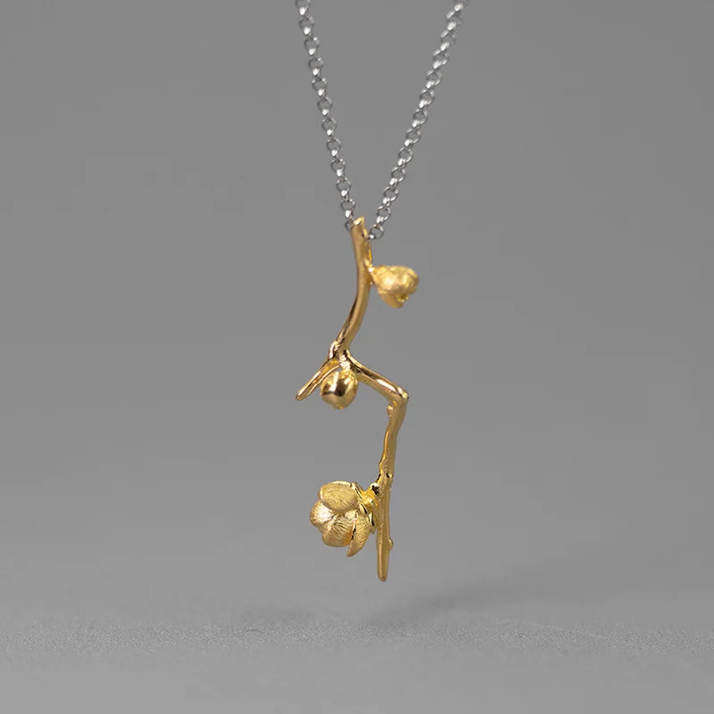 

INATURE 18K Gold Flower on Branch Pendant 925 Sterling Silver Chain Necklace For Women Jewelry