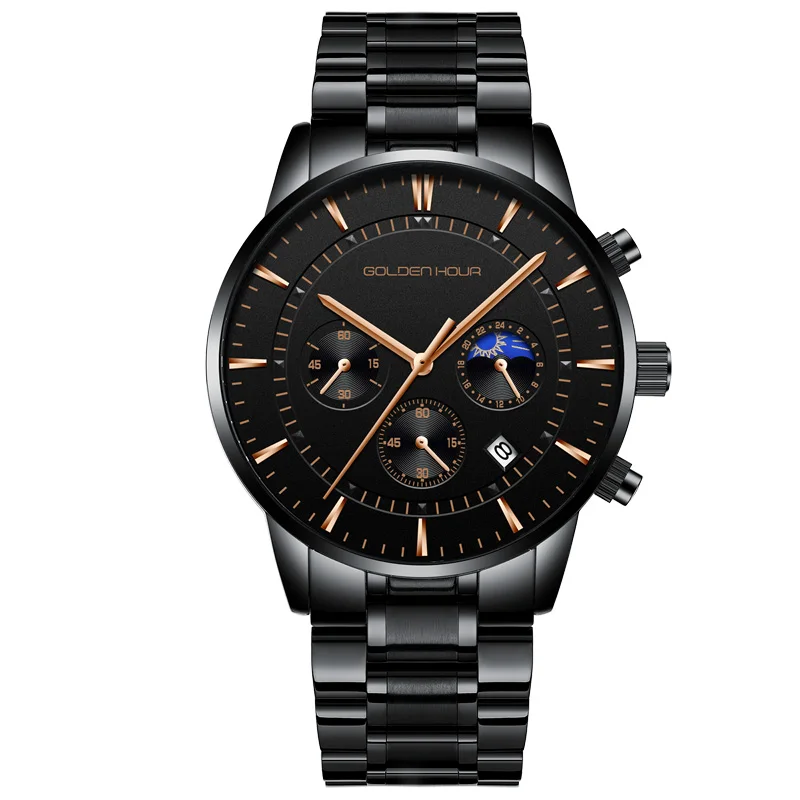 S-rose gold black GOLDENHOUR роскошные брендовые мужские часы полностью стальные деловые наручные часы водонепроницаемые кварцевые мужские часы Relogio Masculino - Цвет: S-rose gold black