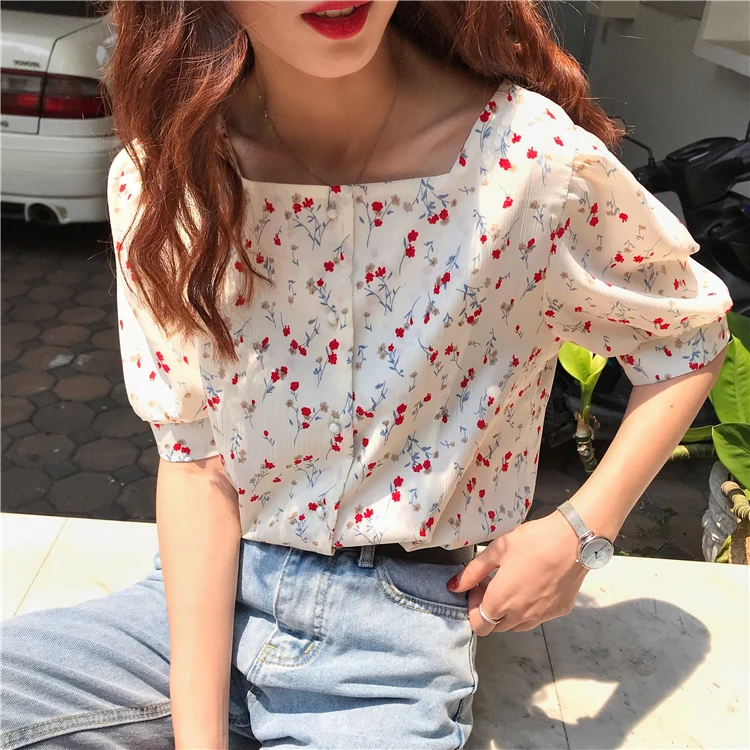 

Shirts Women Korean Style Loose Floral Print Square Collar Short Sleeve Shirt Summer Casual Vintage Blouse Camiseta Femme