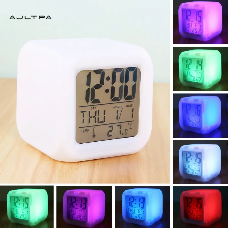 

100Pcs Led 7 Color Light Alarm Clock Digital Glowing Alarm Clock Calendar Temperature Display Electronic Clock