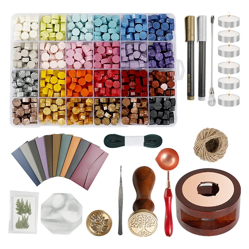 

24 Grids DIY Macaron Octagon Wax Seal Box Set Sealing Beads for Envelope Wedding Packaging Gifts Business Stamping 1Set