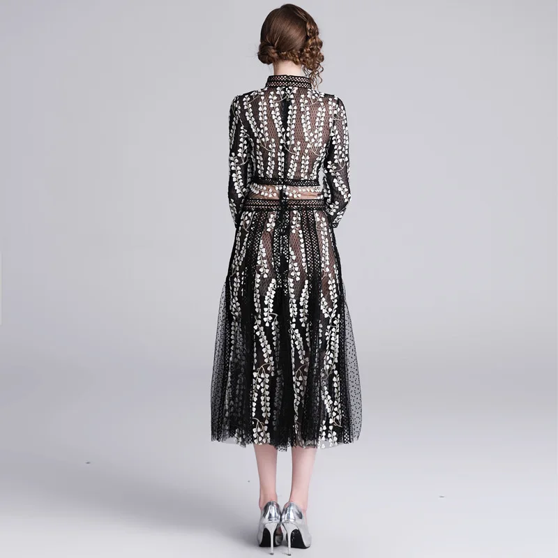 

Spring Autumn Euramerican Dress Elegant Womens Dresses Pearl Beading Mesh Embroidery Tunic Dress Black O- Neck A Line Dresses