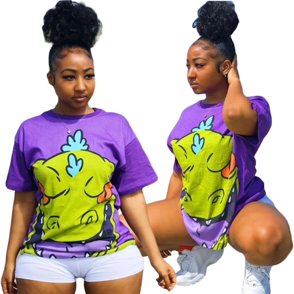 

chic cartoon printing casual tracksuit women two piece set oversize t-shirt top classic tunic + shorts lounge home wear
