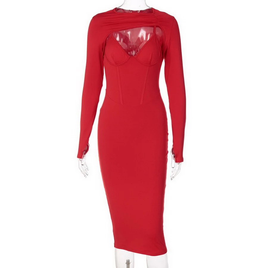 

Women's Slim Round Neck Long Sleeve Cut Out Midi Bodycon Dress Solid Red