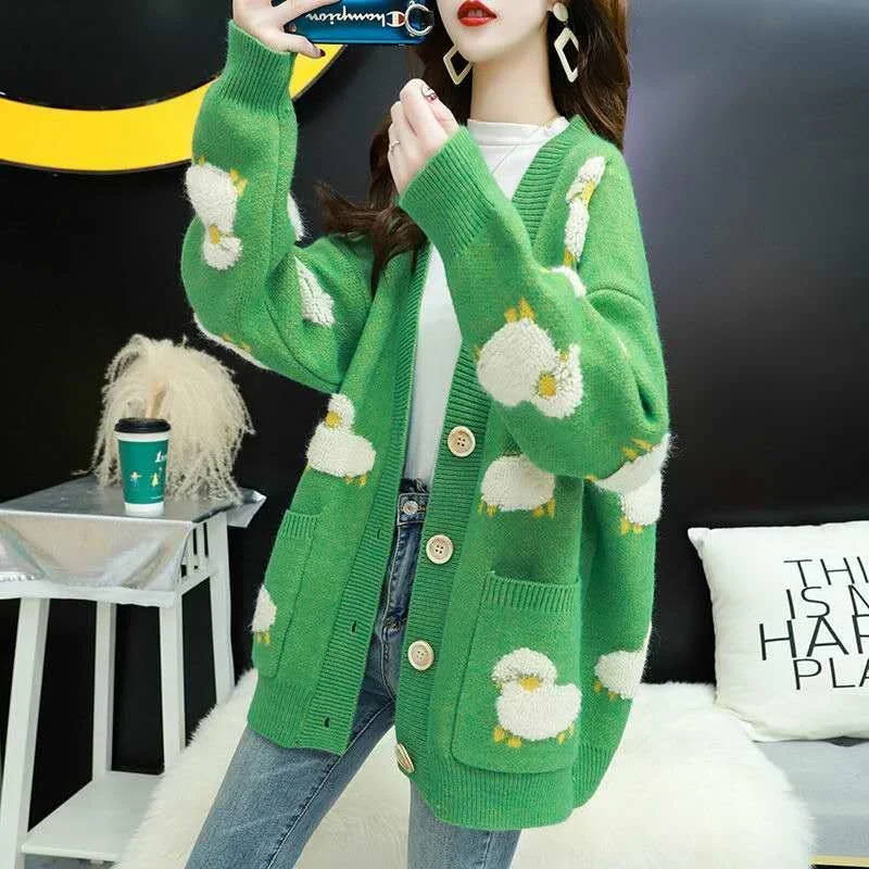 

Cardigan Knitted Kawaii Sweater Korean Fashion Long Sleeve Top Green Pull Kardigan Coat Cute Sueters De Mujer Autumn Winter New