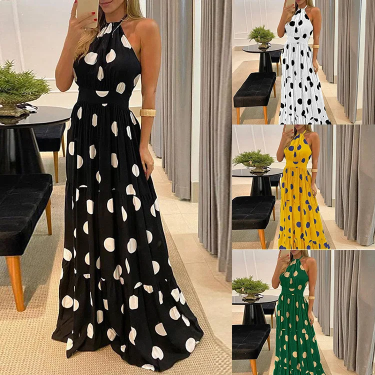 

2021 new dress long skirt polka dot halter neck waist big swing dress evening dress women's dress