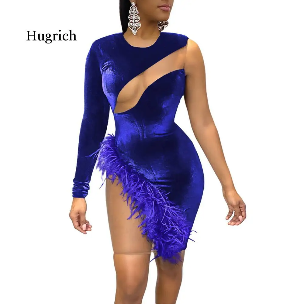 

Sexy Sheer Mesh Patchwork Velvet Mini Dress Women One Long Shoulder Feather Night Club Short Bodycon Vestidos Robes
