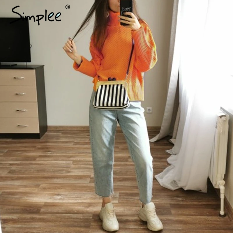 SimpleeОранжевый водолазка вязаный женский пуловер свитер Vintage дамы с длинным