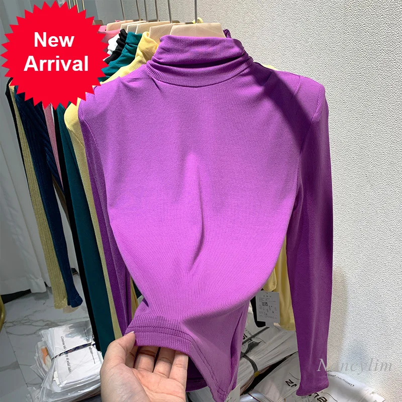 

Turtleneck Bottoming T Shirt for Women Fleece Underwear Autumn Winter Top 2021 Fashion New Padded Shoulder Long Sleeve T-Shirts