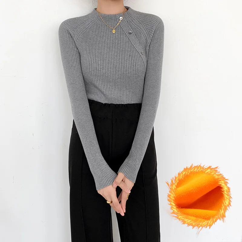 BGTEEVER 2020 New Autumn Winter Thick Velvet Half Turtleneck Female Knitting Jumpers Striped Warm Fleece Women Pullover Sweater | Водолазки