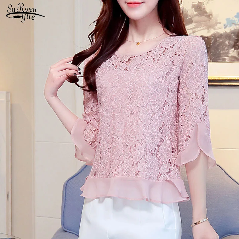 Блузка женская кружевная с круглым вырезом Модный повседневный пикантный Топ