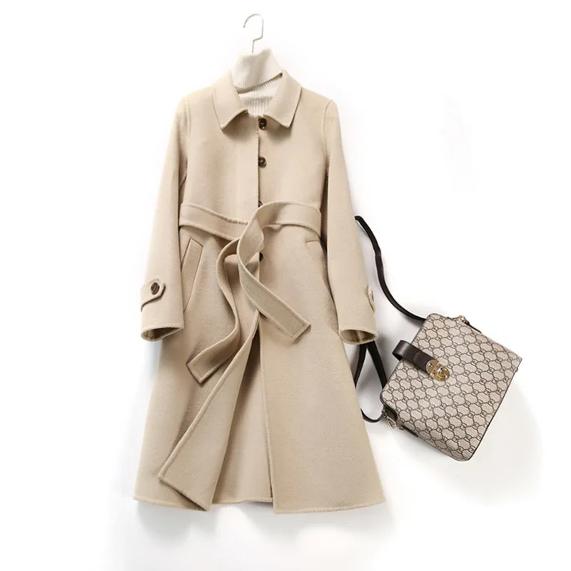 

Autumn and winter new women's temperament simple waist hand-sewn woolen coat women's mid-length double-sided woolen coat