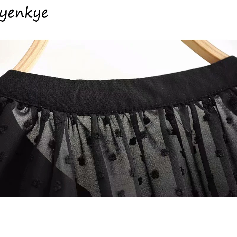 2019 Женская винтажная блузка в горошек Черная вуаль рубашка женская длинный рукав