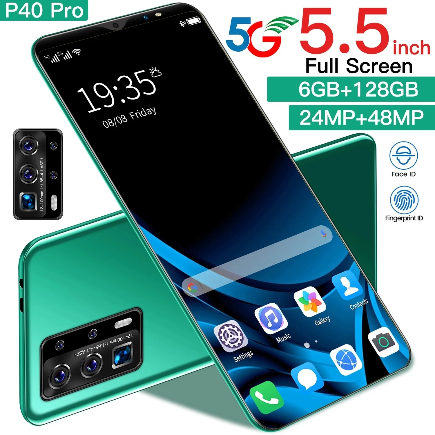 

Global Unlocked P40 Pro 5.5 Inch Smartphones Fingerprint ID 4800mAh Andriod 10.0 Dual SIM Mobile Phones 10 Core 24+48MP MTK6763