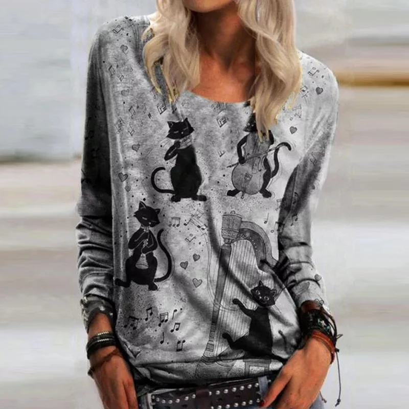 

Casual Loose Cat Print New Blouses Shirts Spring Autumn Vintage O-Neck Tops Pullover Elegant Female Long Sleeve Blusa Streetwear