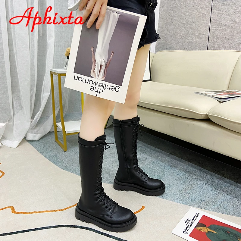Aphixta New Winter Goth Shoes Women's Long High Boots Leather Cross-Tie Lace-up Shoes Female Fashion Platform Botas Mujer