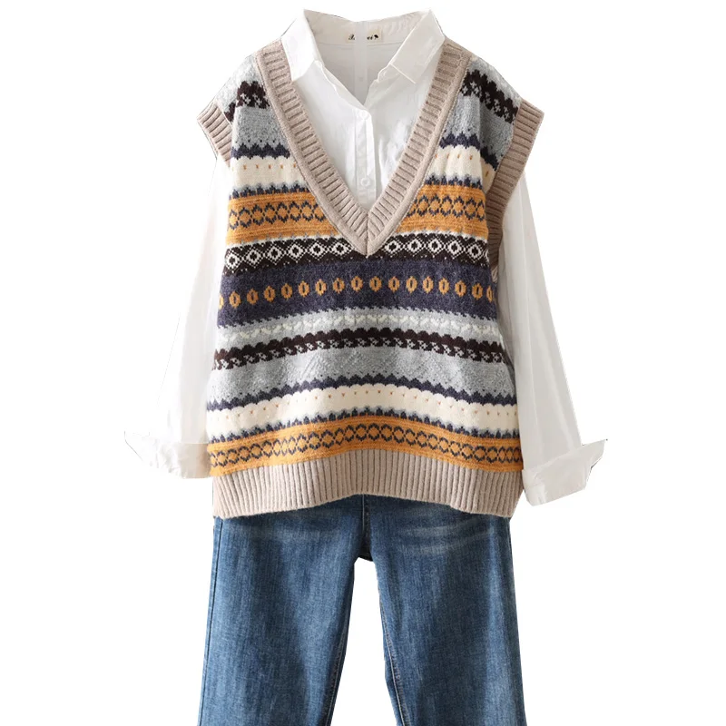 

2020 Autumn Winter Sleeveless Pullover Women's Embroidered Knitted Vest Female V-neck Jacquard Art Retro Loose Casual Shirt S/XL