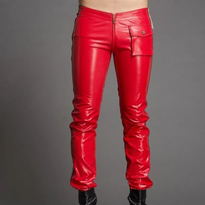 

Design Skinny Zipper Low Waist Men Pu Leather Pants Clubwear High Quality Punk Style Stripe Dance Party Trousers Stage Show Pant