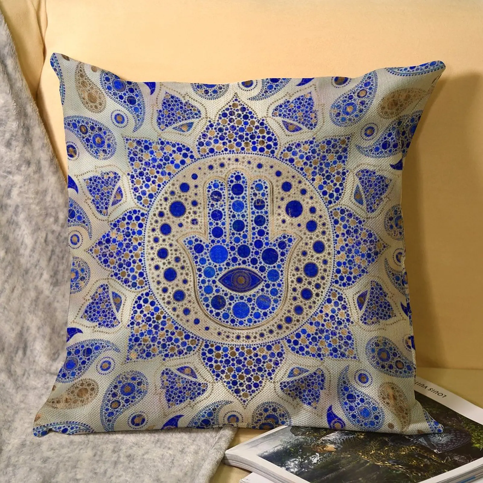 

Льняная наволочка рука Фатимы Hamsa, Подарочная наволочка для подушки с символом удачи в гостиной, квадратная наволочка 45 × 45 см с принтом