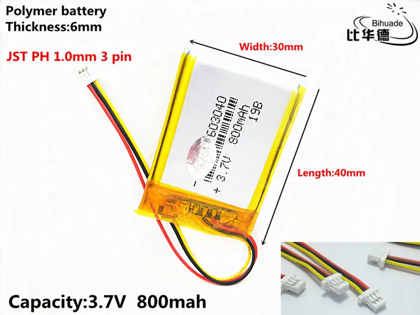 JST PH 1 0 мм 3 контактный высококачественный 7 в 800 мАч 603040 полимерный литий