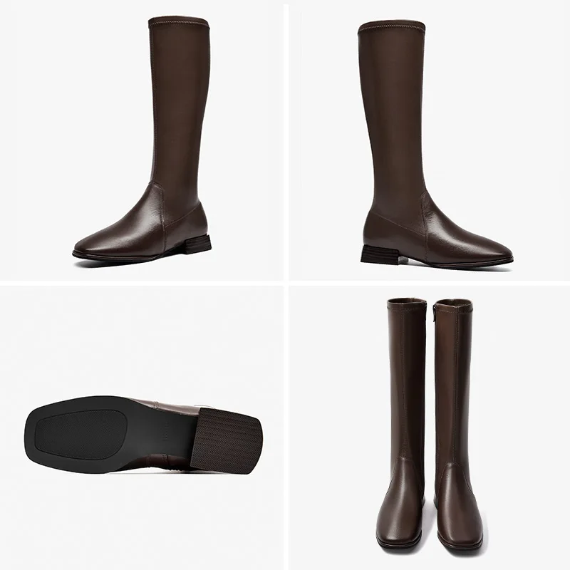 

BeauToday Long Boots Women Cow Leather Lady Shoes Square Toe Side Zipper Knee High Autumn Winter Fashion Handmade 01248