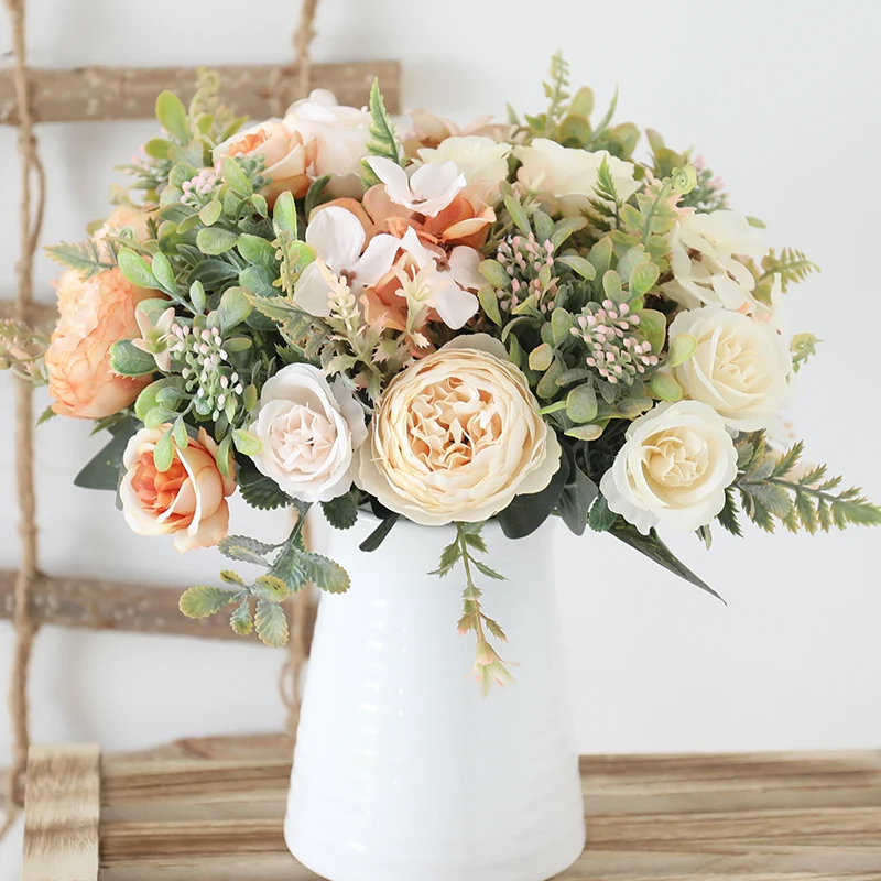 

White Silk Artificial Roses Flowers Wedding Home Autumn Decoration High Quality Big Bouquet Luxury Fake Flower Arrangement Bulk