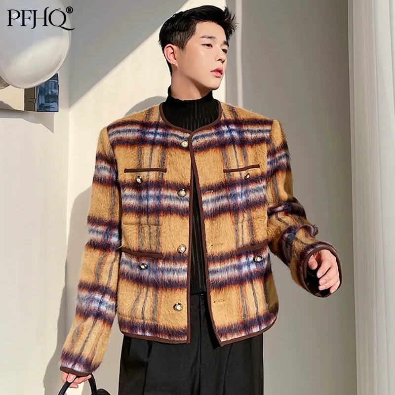 

PFHQ 2021 New Men's Fashion Loose Collarless Long Sleeve Personality Chic Ginger Long Woolen Plaid Coat Autumn Winter 21E359
