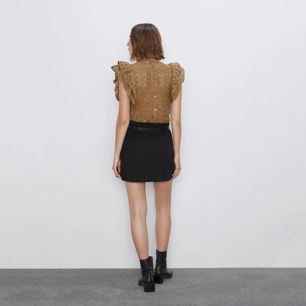 2019 Новинка ZA коричневый свитер блузка стоячий воротник без рукавов текстура