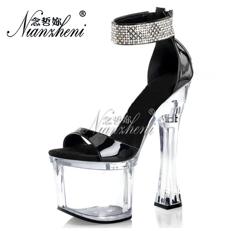 18cm Super High heeled Concise Elegant Patent leather Rhinestone Women's Sandals 7 inches shoes All match Trend Spool heels Sexy