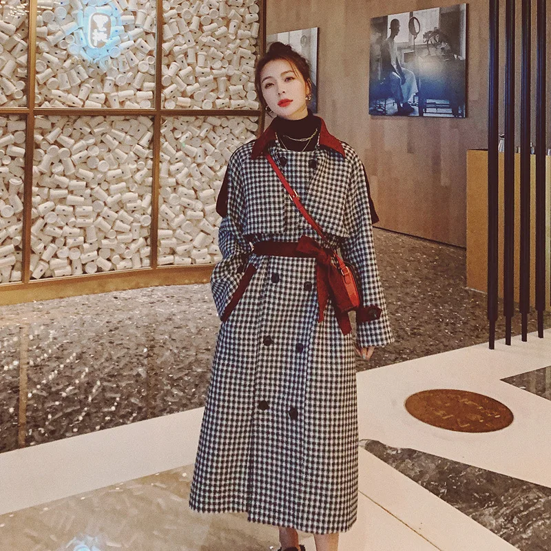 

Winter Woolen Coat Female Long Korean Lapel Loose Fashion Ladies Cloak Plaid Straight Houndstooth Retro High-quality New Jacket